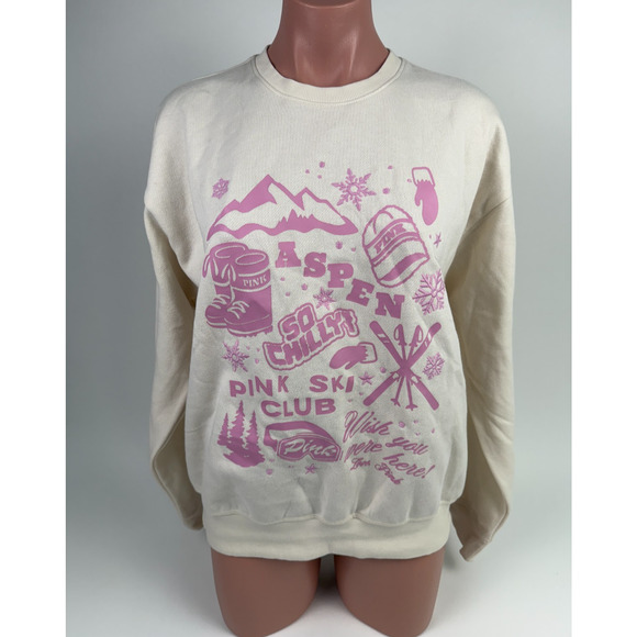 Victoria's Secret PINK Long Sleeve Fleece Crew Neck Ivory Sweatshirt  Size L - Picture 1 of 10